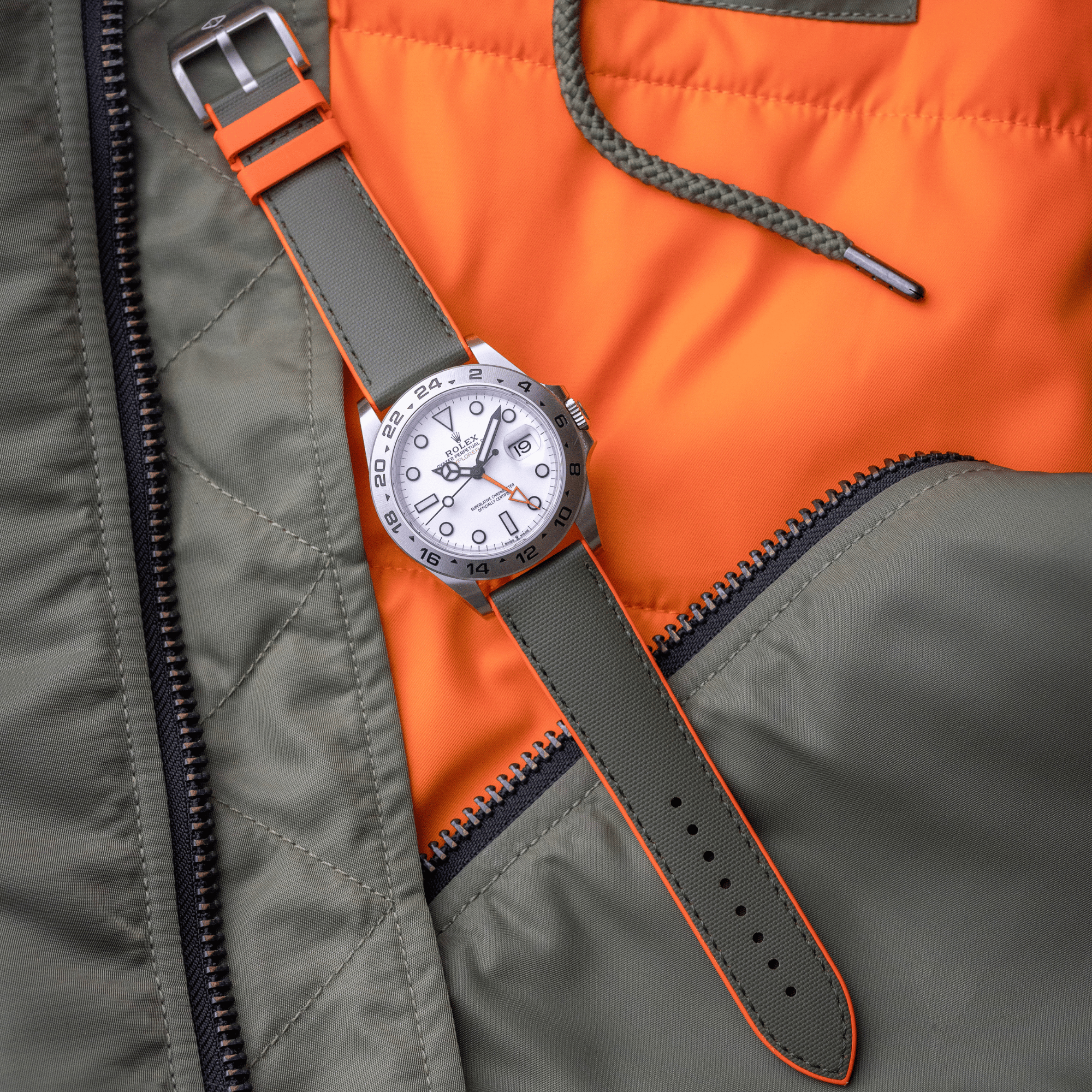 HydroFlex™ Khaki Green & Orange Hybrid FKM Watch Strap With Green Stitching