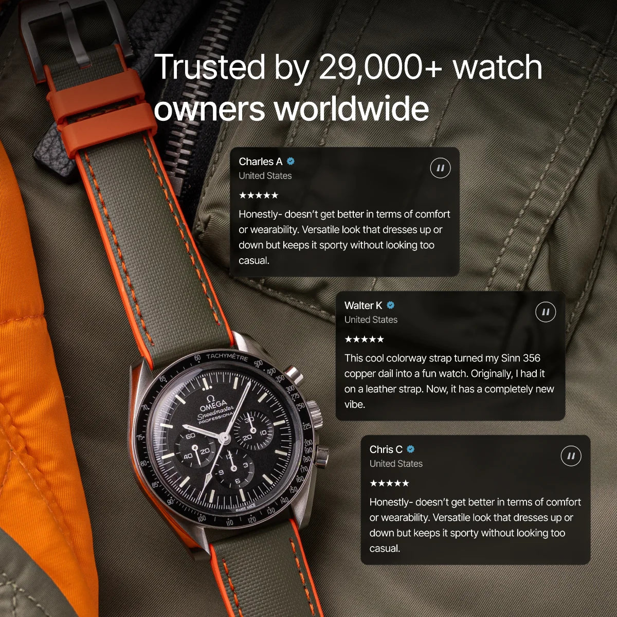 HydroFlex™ Khaki Green & Orange Hybrid FKM Watch Strap With Orange Stitching