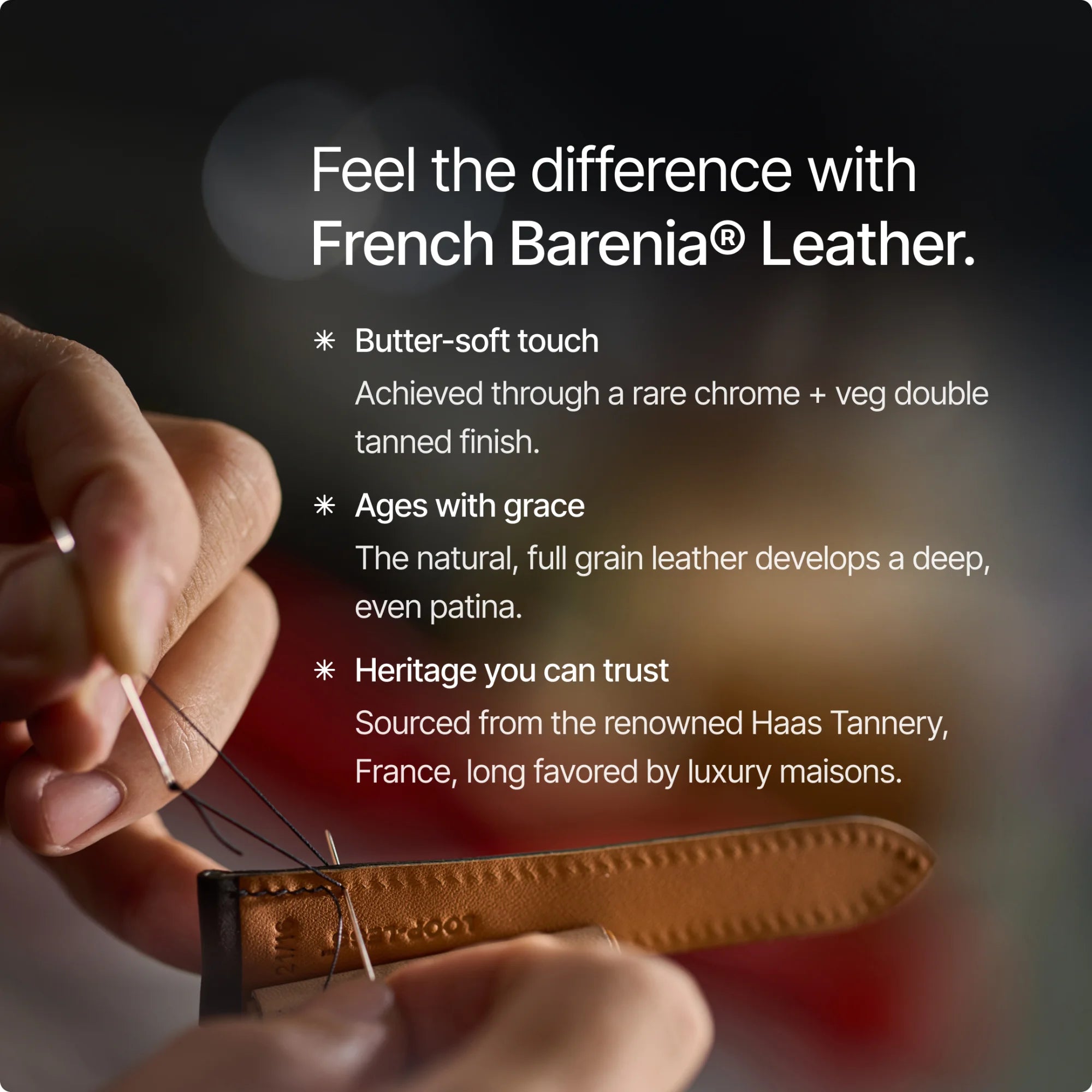 Person working with leather and text about French Barenia Leather on a dark background