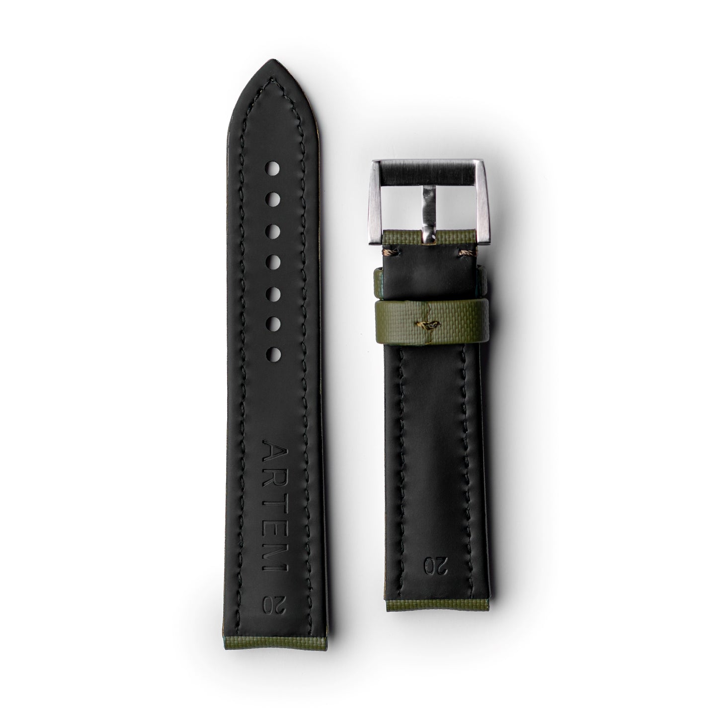 Classic Khaki Green Sailcloth Watch Strap with Green Stitching