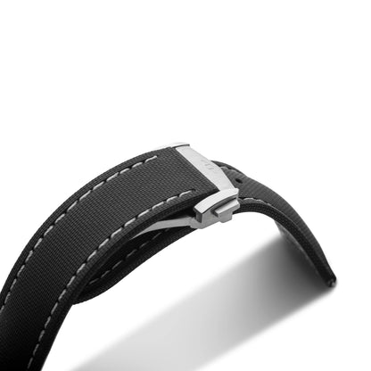 Loop-less™ HydroFlex™ Black Sailcloth Watch Strap with White Stitching