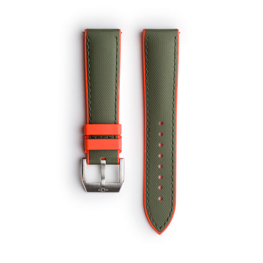 HydroFlex™ Khaki Green & Orange Hybrid FKM Watch Strap With Green Stitching